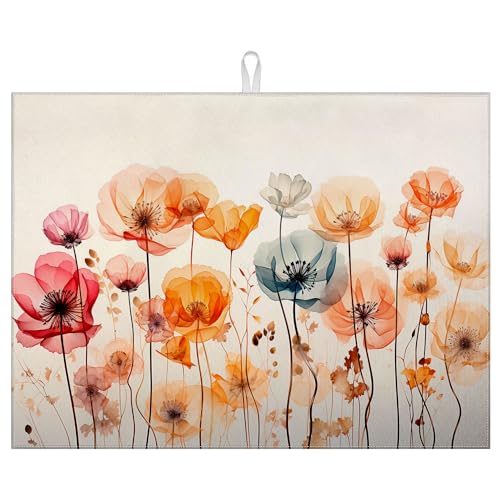 Image of Poppy Dish Drying Mat for Kitchen Counter Wild Flower Drying Pad Absorbent Reversible Dish Drainer Rack Mats Draining Pad 18"x24"Inch