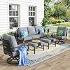 MFSTUDIO 5 Pieces Patio Conversation SetsOutdoor Metal Furniture Sofas with 1 x 3 Seat Sofa 2 x Swivel Chairs2 x OttomanWrought Iron Frame with Grey Cushion for Patio Courtyard Balcony