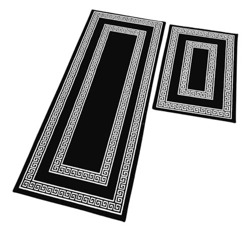 Image of Matz&More Anti Slip Kitchen Runner & Doormat Combo (50x120cm + 40x60cm), Nylon Tufted Floor Mat with Rubber Backing, Carpet for Kitchen, Hallway, Entrance & Bedside, Greek Black White