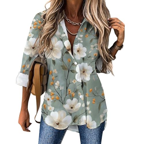Bright White Florals Print Button Down Shirts for Women, Long