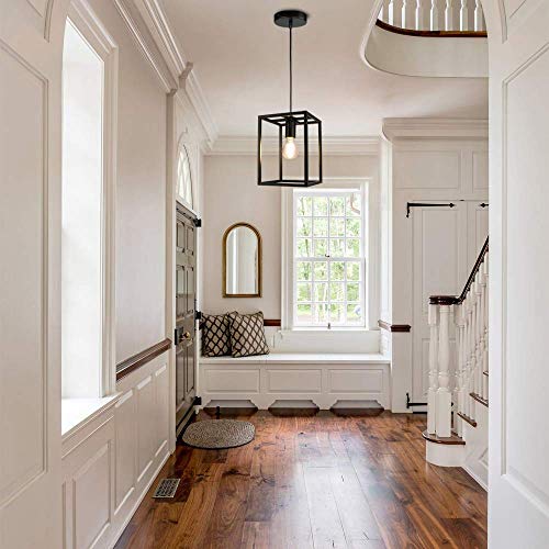 Depuley 1 Light Black Lantern Pendant Light Fixture, Rustic Hallway Chandelier Lighting With Adjustable Cord, Rectangle Metal Cage Hanging Lights For Foyer/Kitchen Island/Bar/Entryway, 1Xe26 Base #TOP6