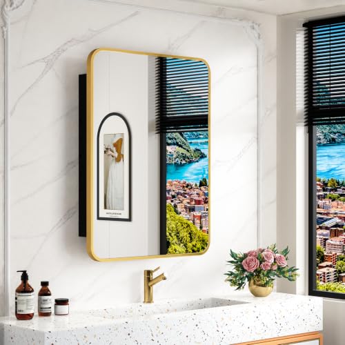Image of ACEMIRO 20x28 Inch Gold Recessed Medicine Cabinet with Mirror Metal Framed Surface Wall Mounted Bathroom Medicine Cabinet Mirror with Storage