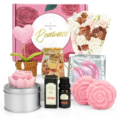 Spa Geschenkset Frauen Entspannungsset mit Rosenöl Rosen Duftkerze Rosen Badesalz & Überraschungs-Rubbelkarte Geburtstagsgeschenk für beste Freundin Luxus Geschenkset für Frauen(8-teilig)