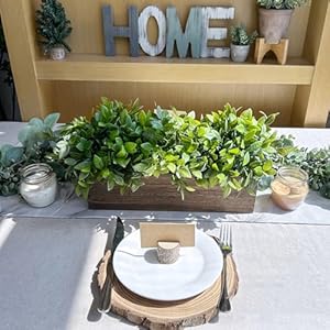 Winlyn 14 artificial boxwood plants in rectangular wood planter farmhouse greenery arrangement centerpiece faux potted herb plant for wedding dining room table kitchen windowsill mantel shelf decor  urban country home decor