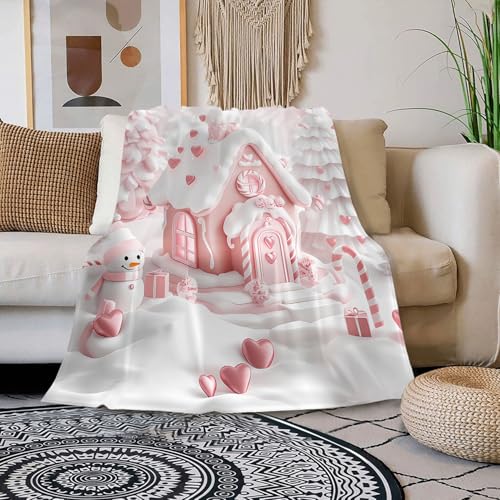 Christmas Throw Blanket for Couch Bed Sofa Pink Gingerbread House with Snowman Heart Candy Soft Cozy Lightweight Holiday Winter Fleece Blanket Christmas Decor Xmas Gifts 50x60 (Xmas 2)
