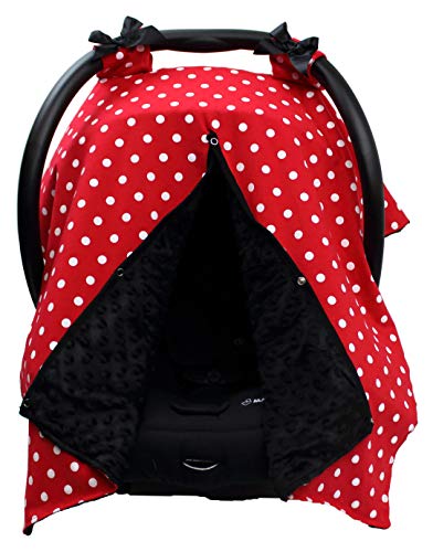 Dear Baby Gear Carseat Canopy, Polka Dots White on Red, Black Minky
