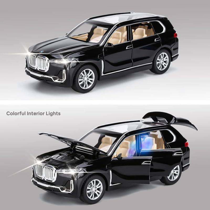 Image of Kids Model 1:32 BM X7 Die Cast Metal Car Pull Back Action Opening Doors with Realistic Engine Sound Lights Toy Car Gift for Boys - Black