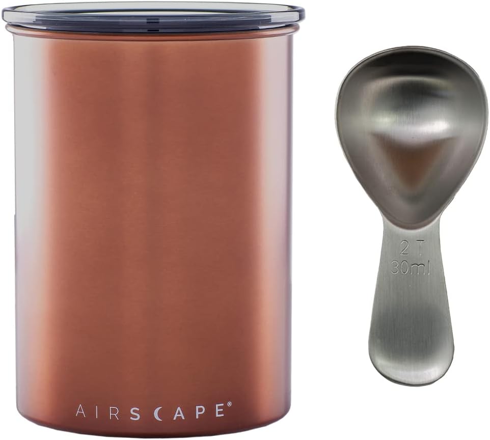 Airscape Stainless Steel Coffee Canister & Scoop Bundle - Food Storage Container US Patented Airtight Lid Pushes Out Excess Air - Preserve Food Freshness (Medium, Brushed Copper & Brushed Steel Scoop)