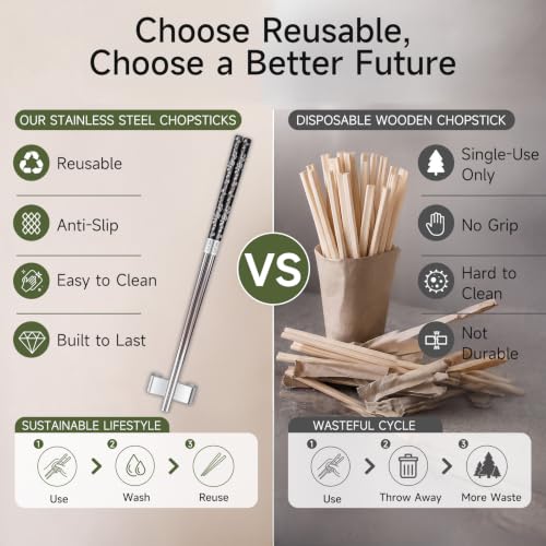 JEETEE Metal Chopsticks, 2 Pairs Stainless Steel with Holder - image 2