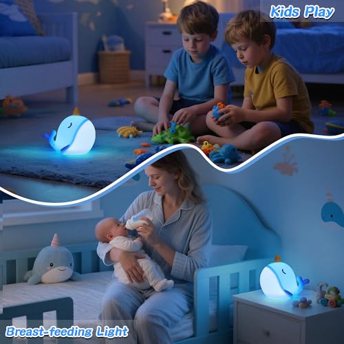 Image of Whale Night Light, Narwhal Ocean Squishy Silicone Lamp with Dimmable & 30 Mins Auto-Off, Rechargeable Baby Nursery Kids Room Decor, Cute Gifts for Boy Girl Birthday Xmas