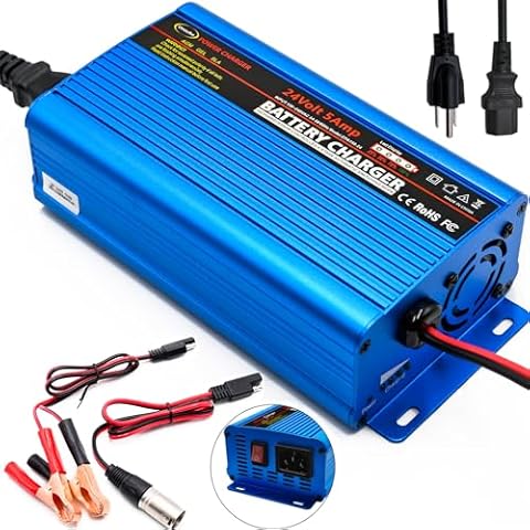Unocho 24 Volt Battery Charger Smart Fully Automatic Battery Charger maintainer trickle Charger 5A car Battery Charger 3-pin XLR Alligator Connector with I/O Switch Cover
