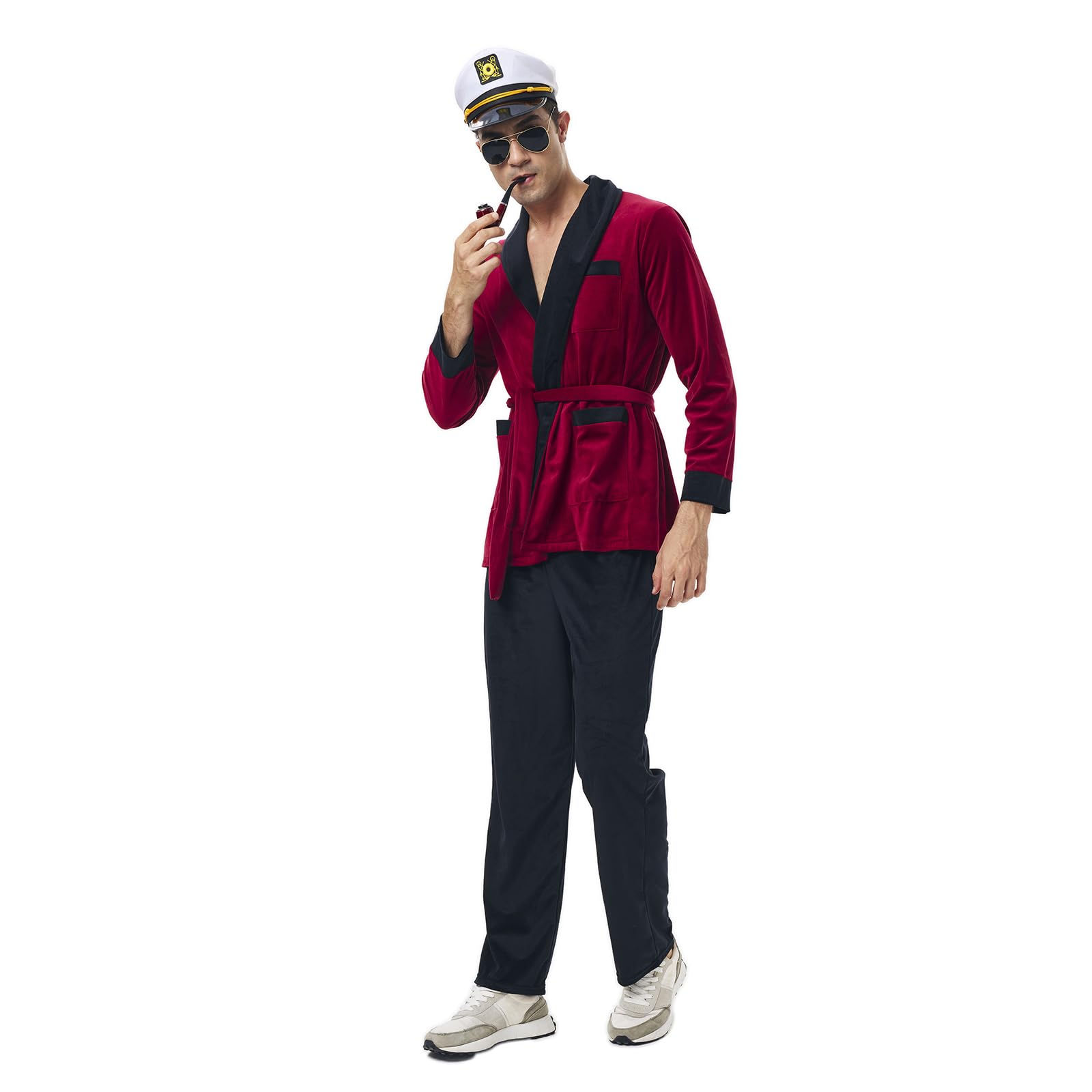 nezafly Red Robe Jacket Mens Red Silky Velvet Bathrobe with Captain Hat Glasses Accessories Adult Halloween Cosplay Costume