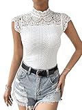 GORGLITTER Damen Top Flügelärmel Oberteil Elegant Spitzentop Sommer Tops Stehkragen Tshirts mit Spitzeneinsatz Weiß M