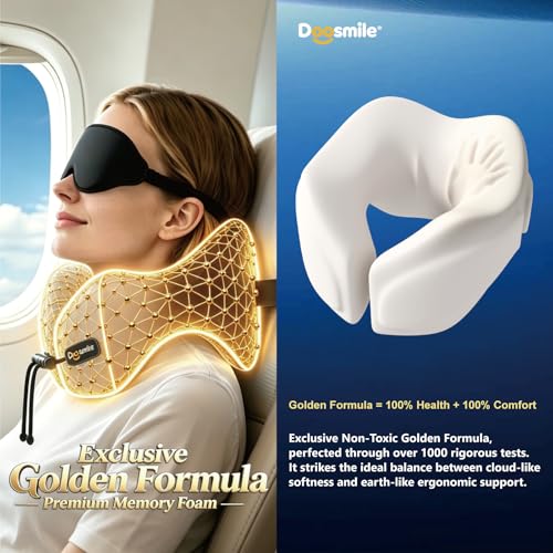 Image of Patented Head-Bobble-preventing Ergonomic 360 Supporting Golden Formula Memory Foam Travel Neck Pillow w /3D Contoured Eye Mask Set Long Trip Sleeping Essentials for Airplane Flight Car Bus