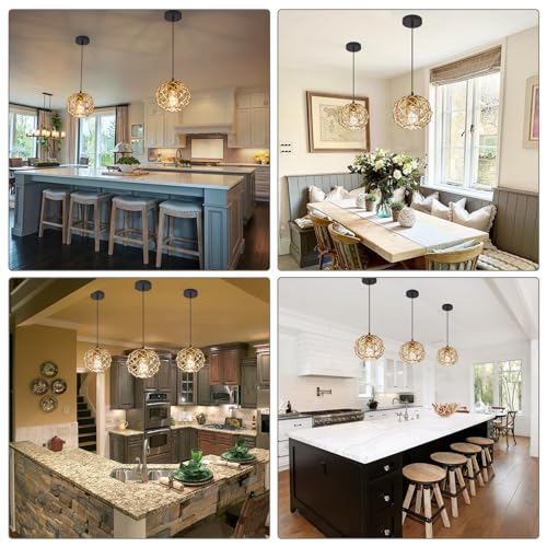 KINKAI Pendant Light Fixture, 1Pack Rattan Kitchen Island Pendant Lights Black Retro Lantern Indoor Lighting for Dining Room Entryway Hallway - Image 2