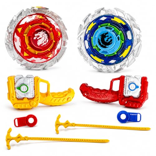 Image of PLUSPOINT 2 Metal Spinning Tops Toy Set with Launcher, Set of 2 Piece Gyro Spin Tops Game for Kids, Fun Competitive Spinning Toy Gift for Boys and Girls Age 6+