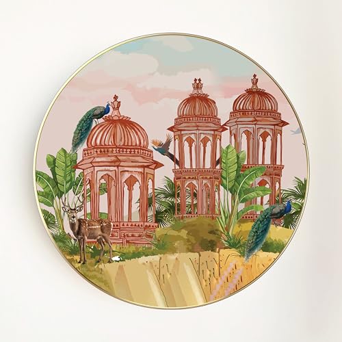 Image of PAINTINGMANTRA Mughal Garden With Peacock Round Large Wall Art Painting for Living Room Decoration, Circular Gold Metal Finish Stylish Large Wall Art Print for Wall Decor (22x22 Inches)