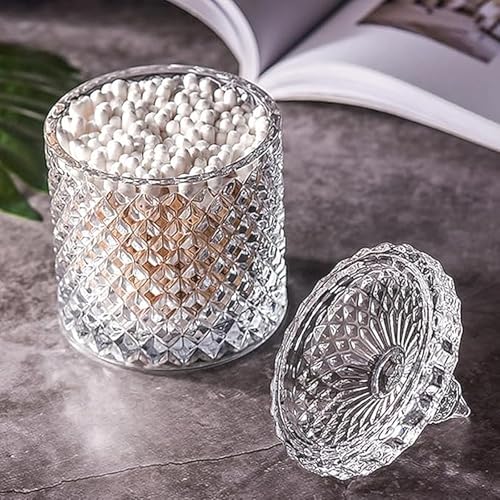 Qtip holder for bathroom,Cotton swab holder,Floss-Small Clear Glass Canister Apothecary Jar,Qtips dispenser,pad container Round Pads tips swabs ball,Qttip Jar,Qt tip holde,candy