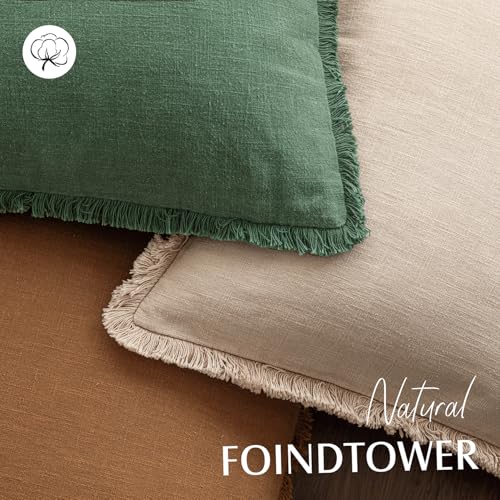 Image of Foindtower Set of 2 Decorative Linen Fringe Throw Pillow Covers Cozy Boho Farmhouse Cushion Cover with Tassels Soft Accent Pillowcase for Couch Sofa Bed Living Room Home Decor, 16x16 Inch, Pine Green