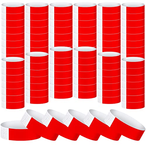 Tudomro 1200 Pack Plastic Paper Wristbands for Events Neon Party Wrist Bands Colored Waterproof Concert Identification Hand Bands Lightweight Adhesive Wristband(Red)