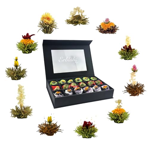 Creano Coffret Fleurs de Thé Mix 18 pcs – Grande Boîte Magnétique avec Fenêtre & Marquage Argent – Thé Blanc, Vert, Noir – Cadeau Premium