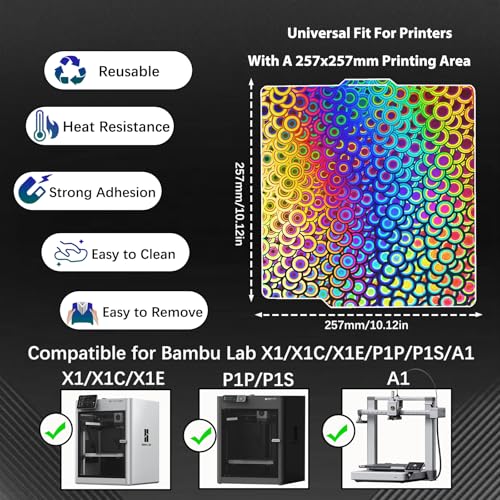 Image of JUUPINE 257x257mm Bambu Lab Build Plate for Bambu Lab X2D /A1 /P1P /P1S /P2S /X1 /X1C /X1E /3D Printer, 3D Printer Flexible Spring Steel Sheet Removable Platform (Smooth Kaleidoscope+Smooth Light Beam)