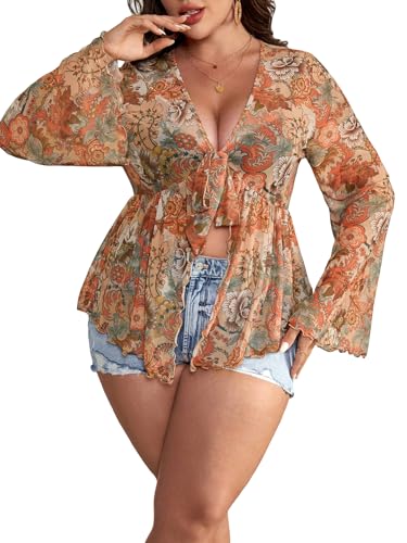 Floerns Women's Plus Size V Neck Flare Sleeve Tie Front Boho Peplum Tee Shirt