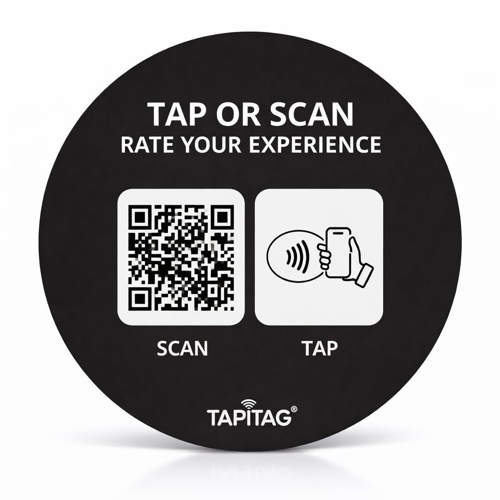TAPiTAG Smart Business Hub – Tap or Scan to Access Your Business Info (Reviews, Menu, Socials, Bookings & More) – Contactless Display Sign with NFC, QR & Customisable Profile (Black, PVC, 120mm)