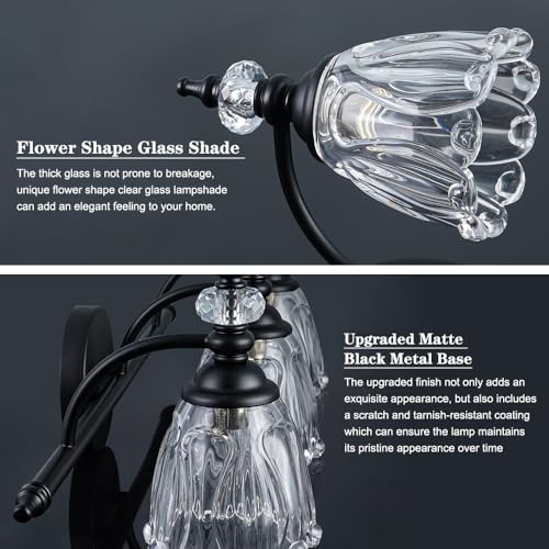 Image of Matte Black Bathroom Vanity Light, Farmhouse Bathroom Light Fixtures Over Mirror, 3 Light Vanity Lighting Fixtures, Flower Glass Shade Wall Sconce Lighting