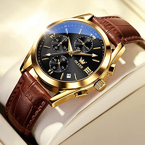 Image of OLEVS Men's Wrist Watch Waterproof Men Analog Quartz Lightweight Brown Leather Strap Father's Day Gift Gentleman Date Day, black 2872, Classic