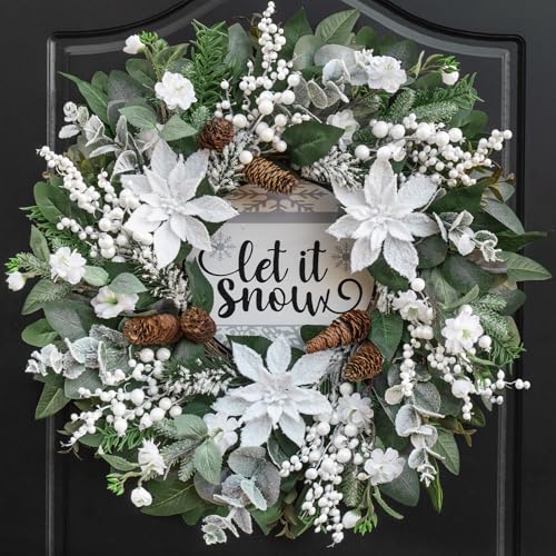 Pinkpuii 24 Inch Winter Wreaths for Front Door Outside, Outdoor Winter Wreath with Christmas Flowers and Pinecones, Artificial Flocked Christmas Wreath with White Berries-Winter Decorations for Home