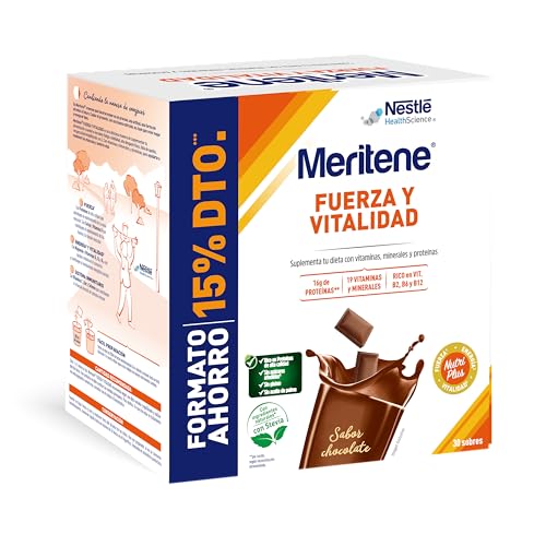Meritene, Fuerza y Vitalidad, Batidos Sabor Chocolate, Fuerza para tus Músculos, Vitalidad para ti, Solución Nutricional para Adultos con Proteínas, Vitaminas y Minerales, 30 Sobres, 900 gr