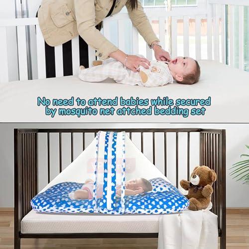 Image of VParents Rosy Blue Cotton Bedding Set & Mosquito Net