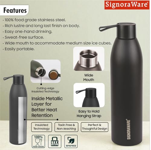 Image of SignoraWare Laguna Vacuum ISI Certified Stainless Steel Bottle | Airtight & Leakproof | Retain Freshness For Hours | Ergonomic Design | Ideal for School, Office, Gym Or Outdoors (950ml | Black)