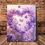 Pósteres de lienzo con corazones florales morados y mariposas impresiones artísticas de pared con degradado suave para decoración romántica de pared en el hogar y la oficina marco de 30 x 40 cm