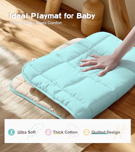 Foldable Baby Play Gym with Mat, Wooden Play Gym with 9 Sensory Toys, Frame Activity Center, Natural Pine Wood, Montessori Toys, Easy to Assemble & Clean, Newborn Gift, Blue Color