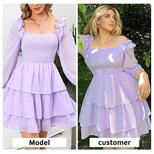Byinns Women's Smocked Ruffle Mini Dress Square Neck Long Sleeve Party Dress Cute Cottagecore Wedding Guest Dress2