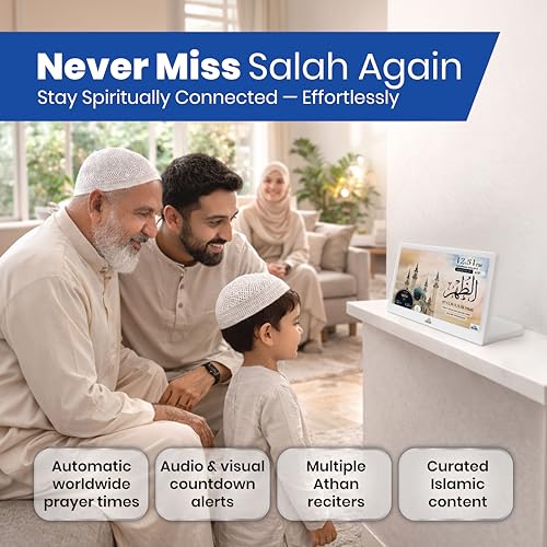 Image of Masjidal 10 inch Smart WiFi Digital Azan Clock & Islamic Prayer Frame - Automatic Worldwide Prayer & Iqamah Times, Full Quran Player, Athan Alarm, Ramadan Clock, Touchscreen Muslim Home Display, White