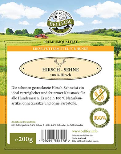 Bellfor Hirsch-Sehne – Kauartikel für Hunde – 200 g – Getreidefreies Leckerli für Welpen, Senioren und Empfindliche Hunde – Unterstützt die Zahnpflege