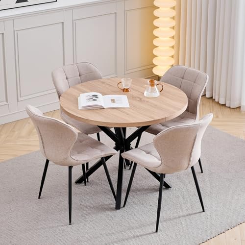 GrandCA HOME Ensemble Table et Chaises de Salle à Manger, 4 Chaises de Salle à Manger en Lin Kaki et Une Table Ronde Moderne de 100 cm, Convient pour la...