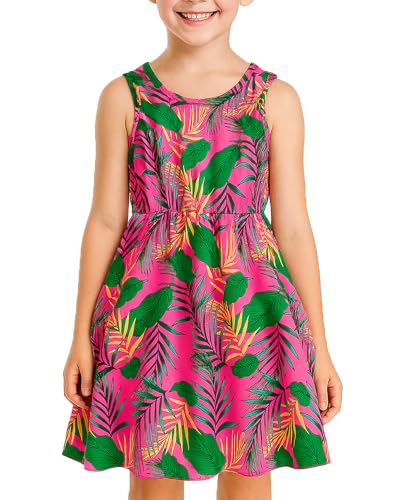 Girls' Dresses Summer Sleeveless Floral Casual Dress with Adjustable Waist Rose Red for Kids 4-8 Years