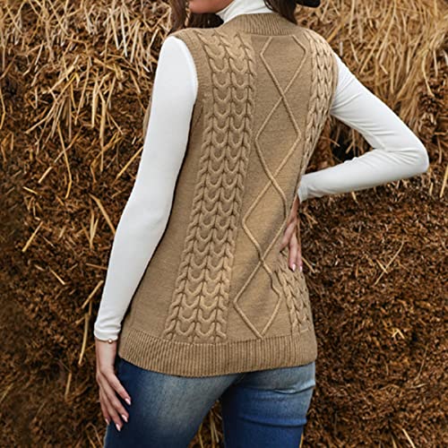 Hyipels Sweater Vest Women Cable Oversized Knitted Sleeveless V Neck Casual Sweaters Tank Top #TOP2