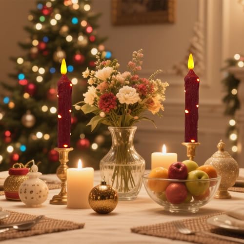 Image of 6.5 Inches Primitive Real Wax LED Flameless Red Short Candlesticks Hand Dipped Battery Operated Candles with Timer Remote Candles for Christmas Vintage Rustic Home Decor, Pack of 4(Red)