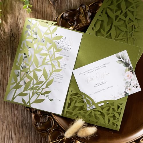 La Mejor Selección de Invitaciones para fiesta favoritos de las personas. 46 Paquete de 50 invitaciones de boda, invitaciones de corte láser verde oliva con sobres y tarjetas Rsvp, sábanas interiores en blanco, invitaciones personalizadas para tu fiesta,...