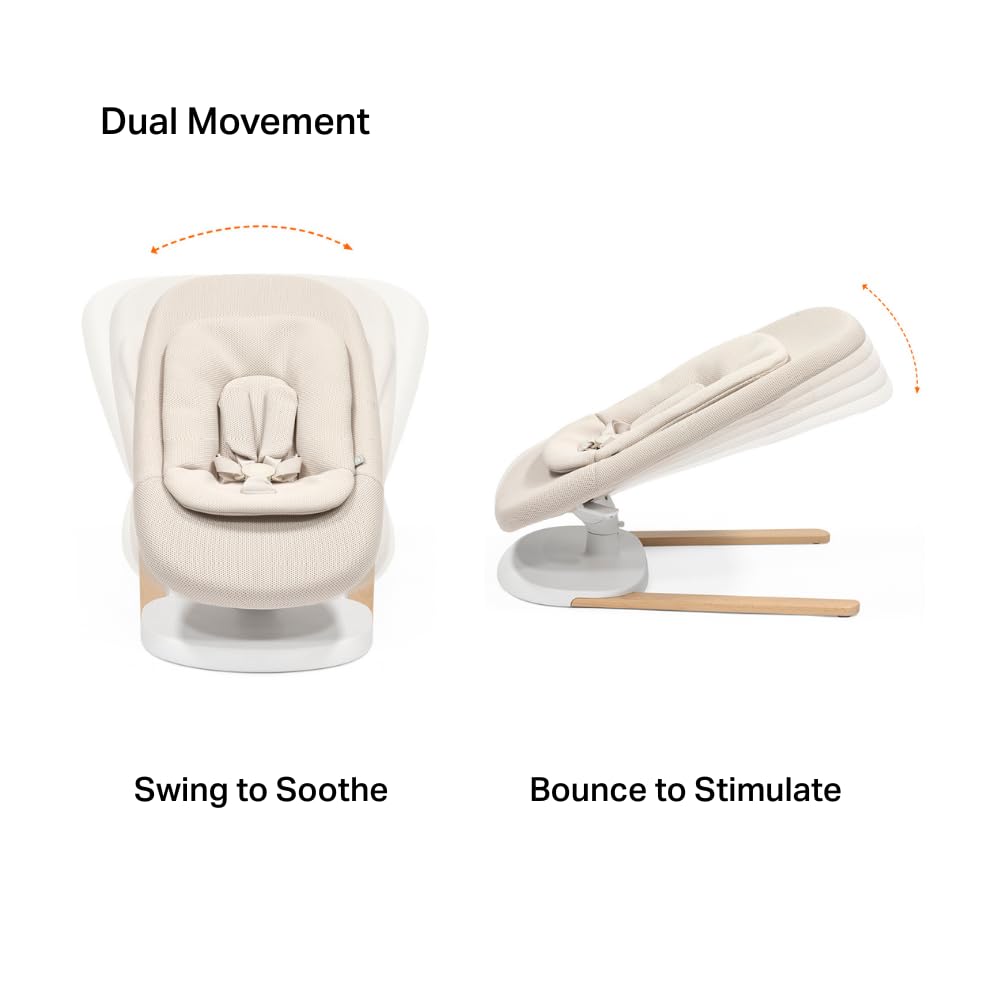 Hamaca y Columpio Stokke Yoga Para Bebés, Arena Clara - Movimiento dual para calmar y estimular a bebés de hasta 11 kg - Incluye cojín para recién nacidos - Tres posiciones ajustables