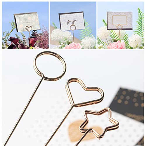 BetterJonny 30Pcs Metal Wire Floral Place Card Holder Pick, 13 Inch Gold Table Name Number Photo Memo Holder Clips for Wedding Party Birthday DIY Decoration(Heart,Star,Round Style)