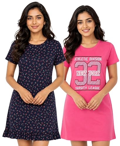 Image of Real Basics Women's Cotton Printed Knee Length Nightdress