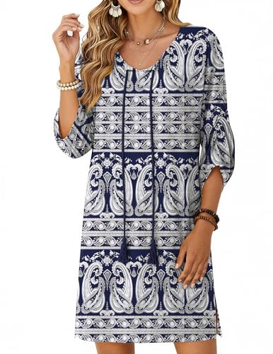 Image of Zeagoo Womens Boho Dresses Casual Beach Summer Dress Tassel Tie Neck 3 /4 Long Sleeve Mini Sundress 2026 Floral Print Cover Up