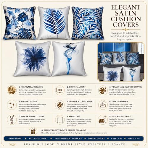 Image of Decorative Satin Sofa Cushion Covers Set of 5, 16 x 16 Inches, Multicolor Floral Printed Pillow Covers for Living Room, Bedroom, Couch & Sofa, Soft Glossy Fabric, Zipper Closure
