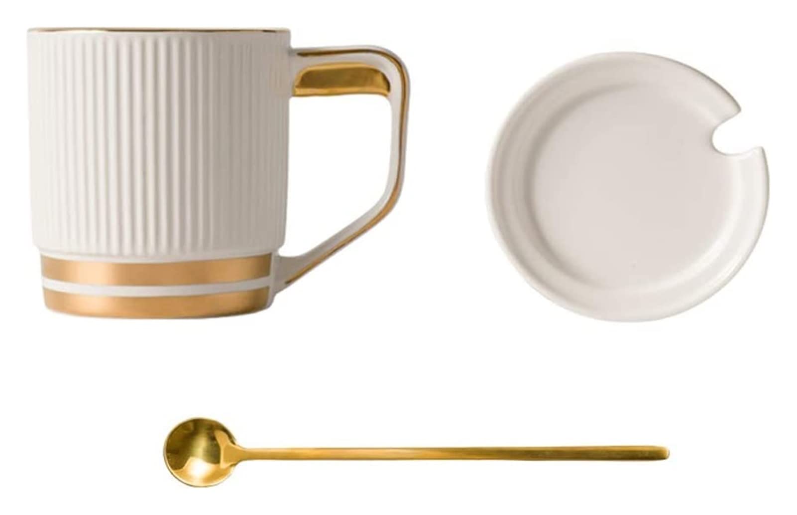 Taza de café de cerámica, taza de té para oficina y hogar, taza de café de cerámica con tapa y cucharadita dorada, decoración de borde dorado, taza de desayuno de gran capacidad, taza de té Wate